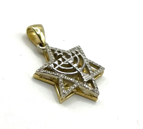 14K Gold & Diamond Star of David and Menorah Necklace